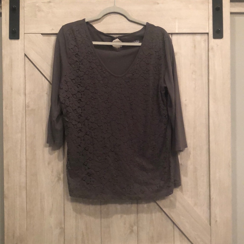Grey 3/4 sleeve lace front blouse